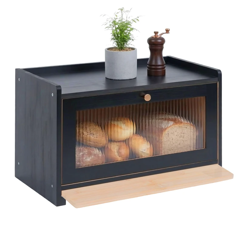 Relaxdays Bread Bin, Bamboo, Chopping Board, Shelf, Air Vents, Viewing Window, HxWxD: 26 x 40 x 25 cm, Black