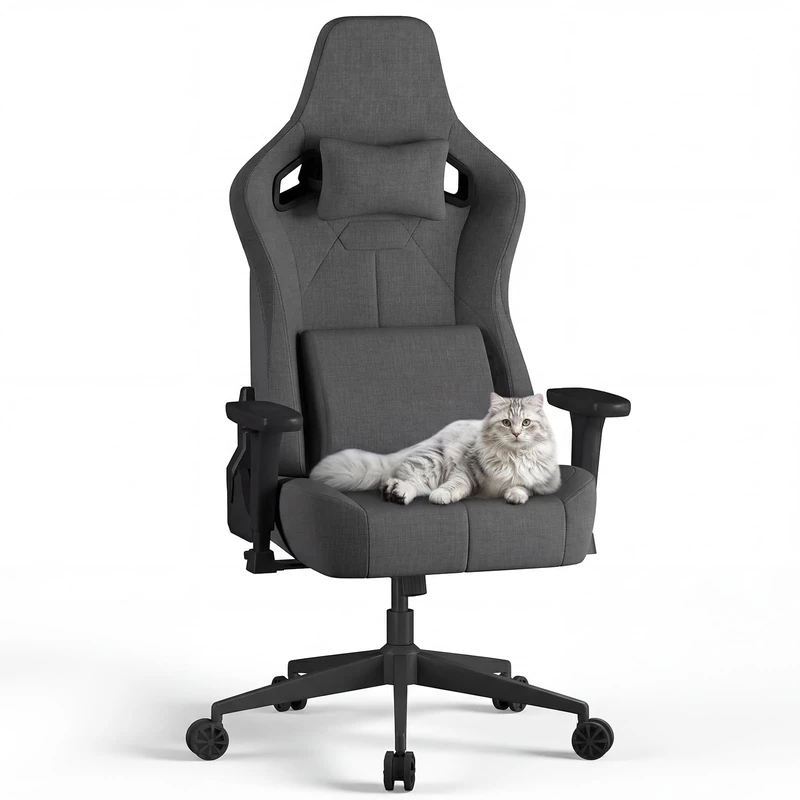 JUMMICO Fabric Gaming Chair with Racing Seat, Comfort Office Chair Ergonomic with 3D Height Adjustable, Desk Chair Tilt Function (90°-135°), Load Capacity 200 kg, Grey