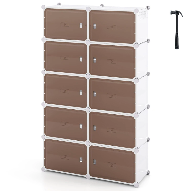 CASART 4/6/8/10-Cube Shoe Rack, 16/24/32/40 Pair Modular Shoe Storage Cabinet with Removable Shelves, Hooks & Doors, DIY Plastic Shoe Organizer Unit for Entryway Bedroom (10 Cubes)