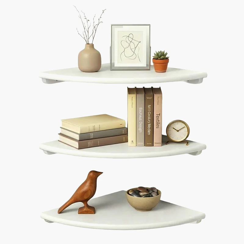 Relaxdays Corner Shelf, HxWxD: 3 x 40 x 40 cm, walnut, living room, decor, max load: 5 kg, wall shelf, white