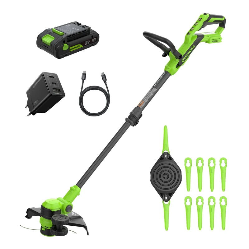 Greenworks 24V Brushless Grass Trimmer Gen2 2-in-1 with Battery for Small to Medium Gardens, Height Adjustable, 30 cm Cutting Width, Includes 10 Plastic Blades with 2.0 Ah Battery and Charger ST3002