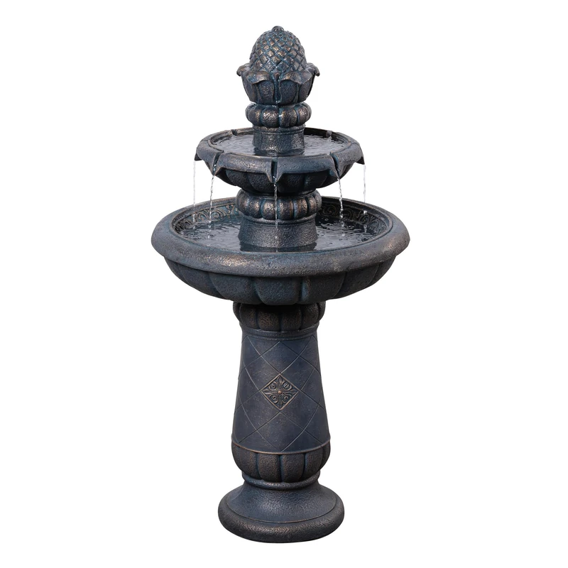 Teamson Home Bird Bath Fountain 99 cm 2-Tier Flat Basin Antique Stone Look and Soft Flowing Water Copper Look