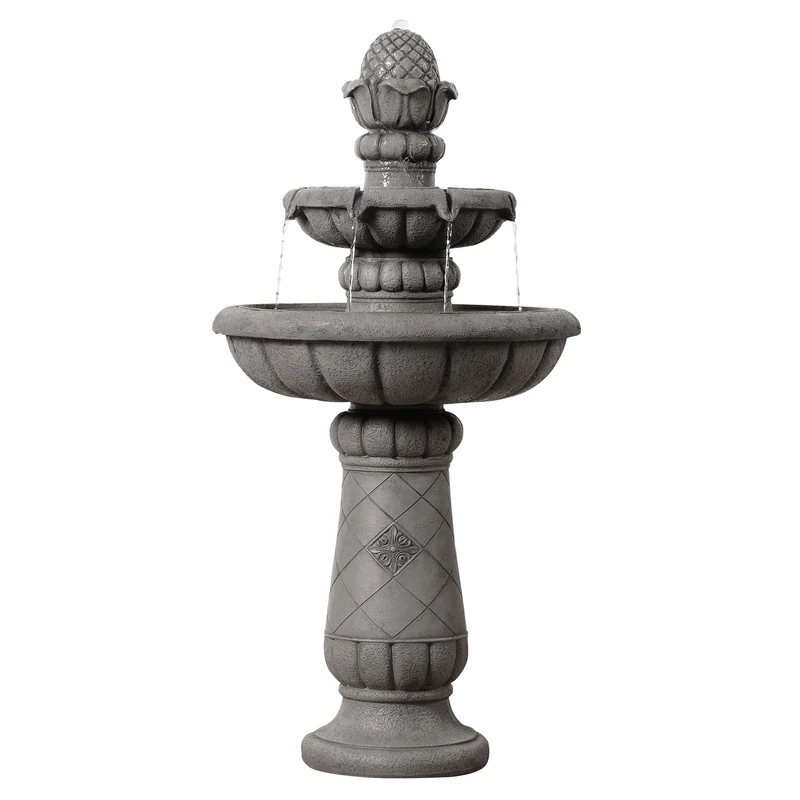 Teamson Home Bird Bath Fountain 99 cm, 2-Step, Flat Basin, Stone Look Light Grey and Gentle Water Flow for the Garden