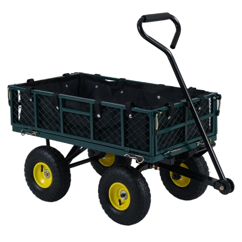 GiantexUK Heavy Duty Garden Trolley, 410kg Large Metal Utility Cart with Removable Folding Sides, Adjustable Handle & Storage Bag, Rolling Garden Dump Cart Festival Trolley