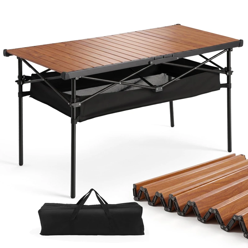 Sekey Foldable Camping Table, 120 x 60 x 69 cm, Roll-Up Table Top, Folding Table with Aluminium Frame, up to 30 kg, Portable Folding Table, Includes Carry Bag with Mesh Bag, Wood Look