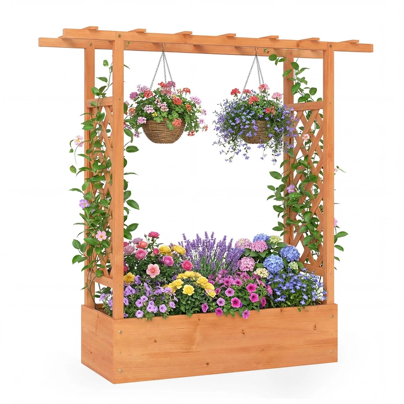 GiantexUK Raised Garden Bed with Arch Trellis (Orange, 110x35x114cm)