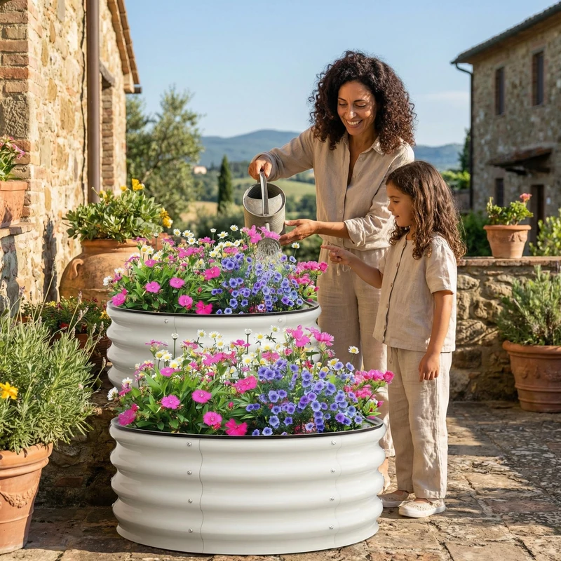 Garvee Set of 2 Round Raised Garden Beds in Galvanised Steel, Ø60 x 30 cm Outdoor Planters with Open Bottom and Rubber Safety Edge, Compact Garden Bed for Herbs and Flowers, Ivory