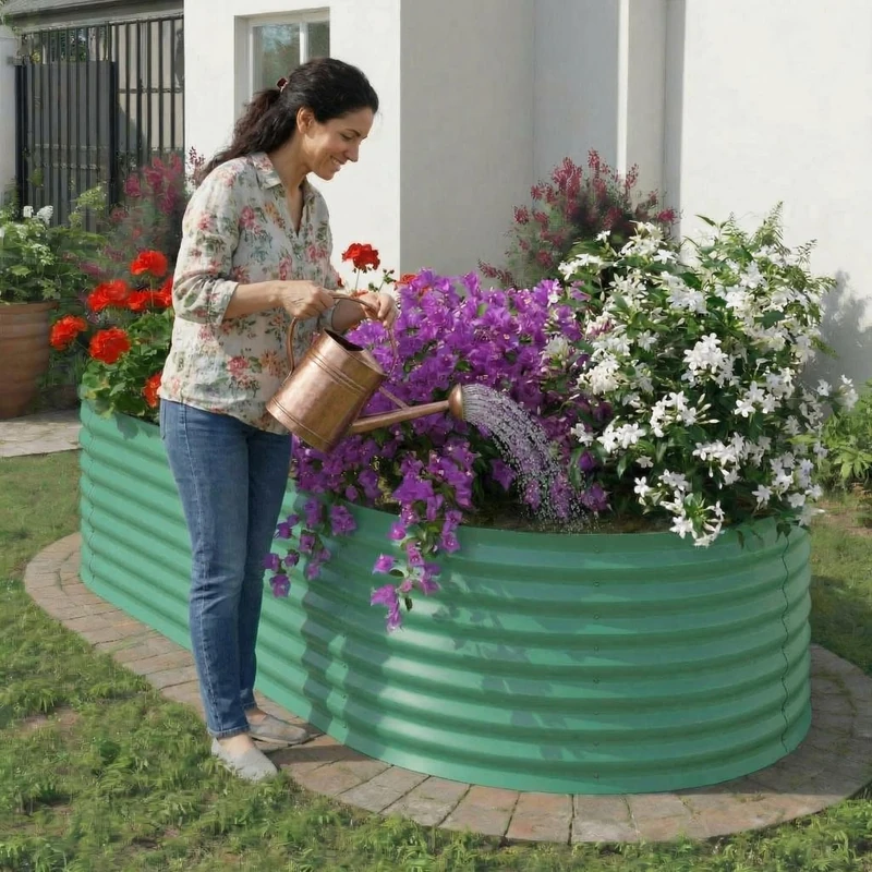 Garvee Raised Garden Outdoor 120 x 60 x 60 cm, Oval Metal Raised Bed in Galvanised Steel with Rust Proof Coating, Large Garden Planter for Vegetables and Flowers, Open Back, Green