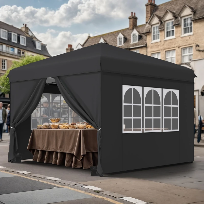 YITAHOME Gazebo with Side Walls, 3 x 3 m Waterproof Folding Garden Canopy, All-Year Camping Gazebo, UV Protection with Pegs, Rope, Carry Bag, Weight Bags Events, Black