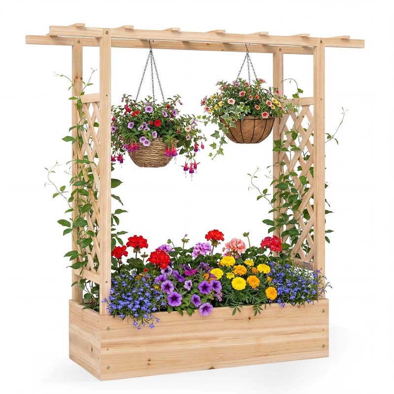 GiantexUK Raised Garden Bed with Arch Trellis (Natural, 110x35x114cm)