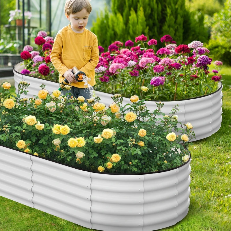 Garvee Galvanised Steel Raised Garden Garden Bed Oval 244 x 61 x 46 cm, Outdoor Planter with Open Bottom and Rubber Safety Edge for Vegetables and Flowers, Oils Green - Image 1