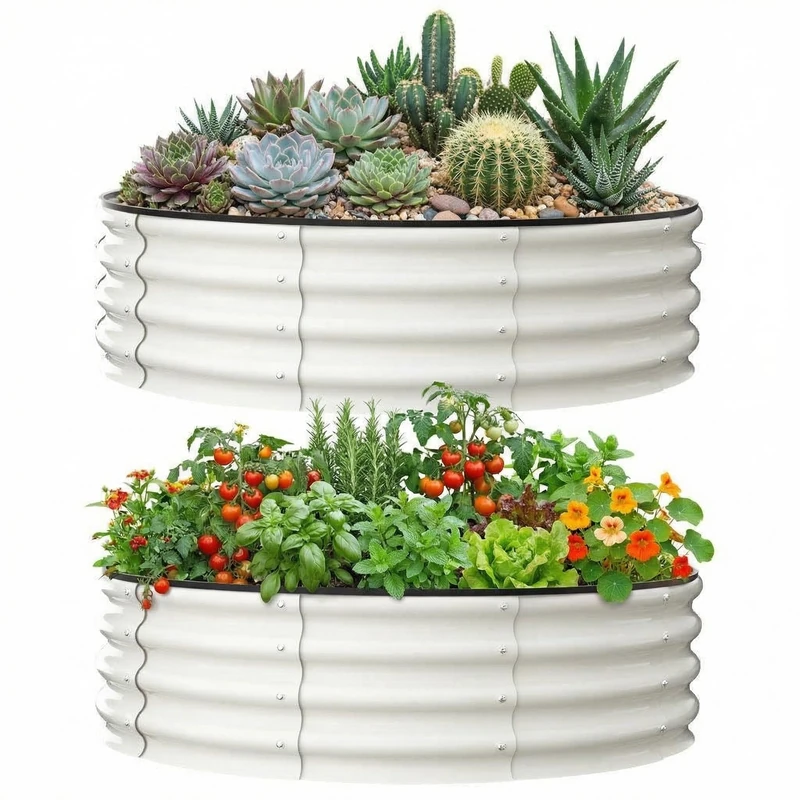 2 Pieces Garden Garden Raised Garden Bed in Galvanised Steel, Oval Raised Garden Bed 48 x 48 x 12 inches, Outdoor Planter with Open Bottom and Rubber Safety Edge for Vegetables and Flowers, White - Image 1