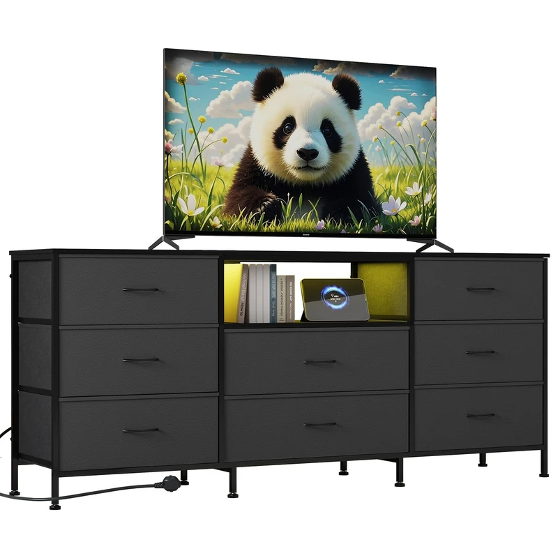 GarveeLife 63" TV Cabinet - Metal Frame TV Stand Dresser, 8 Drawers, LED Light, Modern Entertainment Storage Cabinet, for 65-75 Inch TV - Bedroom & Living Room, Grey