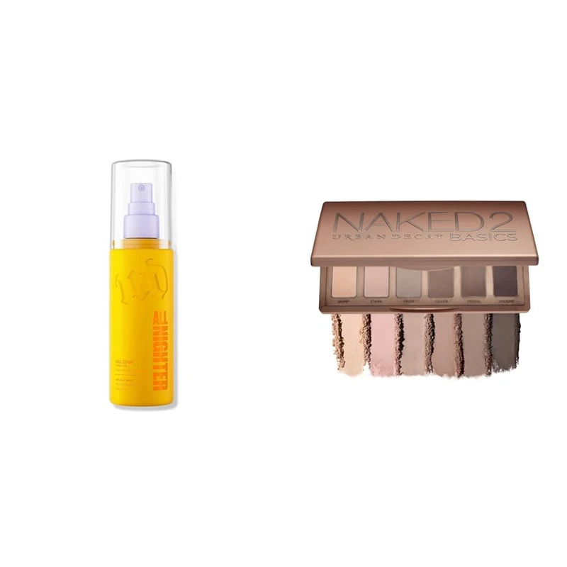 Urban Decay All Nighter Glow Setting Spray & Naked Basics 2 Eyeshadow Palette Bundle, Radiant Glow Makeup Setting Spray with Matte Neutral Eyeshadow Palette, Smudge & Fade Resistant