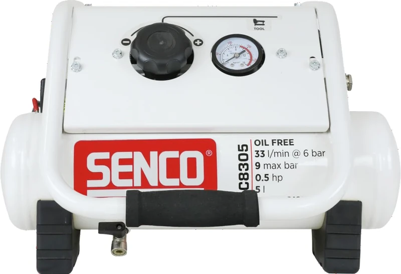 SENCO AC8305UK Low Noise Air Compressor – 60 dB Ultra Quiet, Oil‑Free 110V Compressor with 5L Tank, 0.5HP Motor and 9 Bar Output – Compact Portable Unit for Construction, DIY, Upholstery & Trim Work