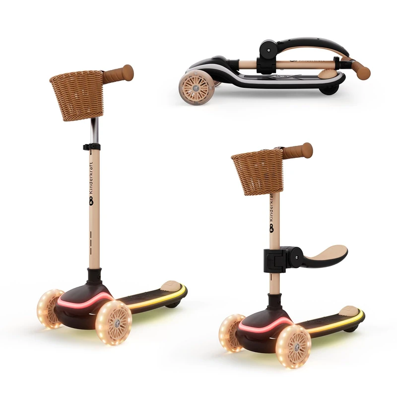 Kinderkraft RAKET UP 2-in-1 Kids Scooter with Seat, Foldable Toddler Scooter with LED Deck, RGB Light-Up Wheels, Adjustable Handlebar and Seat, Beige