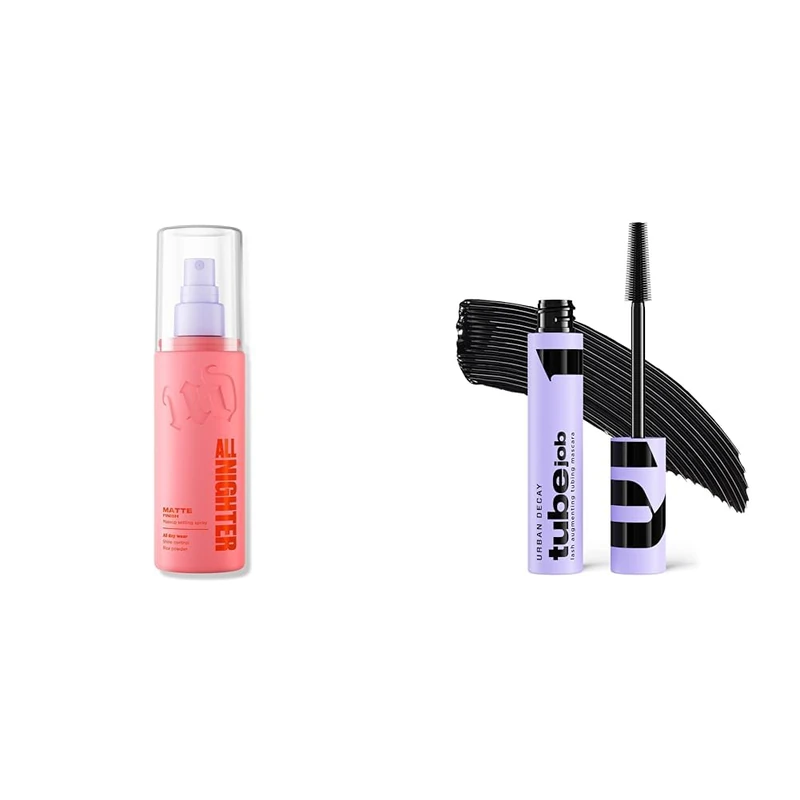 Urban Decay All Nighter Matte Setting Spray & Tube Job Tubing Mascara Bundle, Mattifying Makeup Setting Spray with Lengthening & Lifting Mascara, Intense Black, Smudge & Fade Resistant