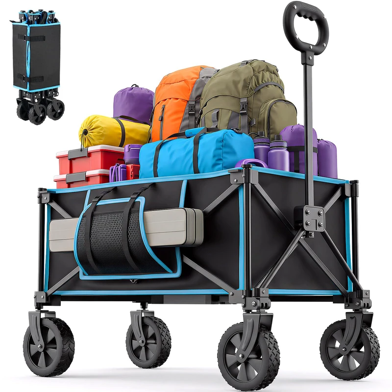 Camping Trolley on Wheels, Festival Folding Trolley with Adjustable Handle and Smooth Wheels, Loads Up to 100kg – Garden Trolley for Camping, Picnic, Garden, Outdoor Fishing, Black