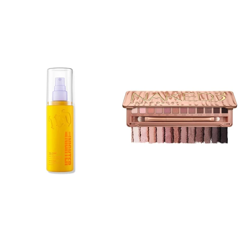 Urban Decay All Nighter Glow Setting Spray & Naked3 Eyeshadow Palette Bundle, Radiant Glow Makeup Setting Spray with Rose-Toned Neutral Eyeshadow Palette, Smudge & Fade Resistant