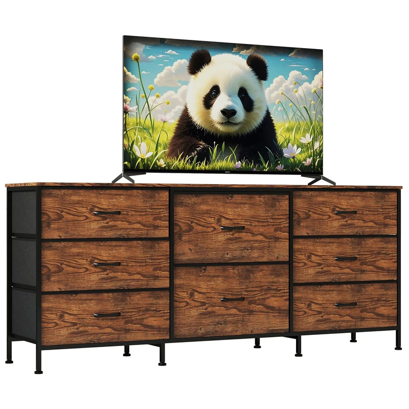 GarveeLife TV Cabinet - 8 Drawer, Metal Frame TV Stand with Wooden Top, Non-Woven Fabric Drawer, Space Saving, Modern 62.99 x 26.77 x 13.79 in, Brown