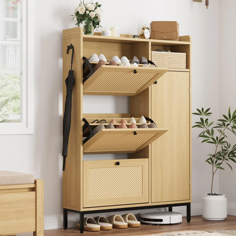 Garvee Rattan Shoe Cabinet with 3 Folding Drawers & 4 Storage Tiers, Large Freestanding Cabinet with Adjustable Shelves for Entryway, Living Room or Bedroom - Image 1