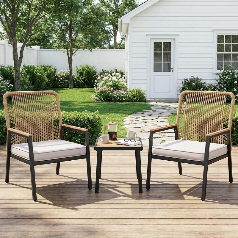 Clevich 3 PCS Garden Furniture Set, Rattan Garden Chair Set, Metal and Rattan Balcony Chairs, with 8 cm Thick Seat Cushions, Sturdy Metal Frame & WPC Armrest, for Patio, Garden and Porch (Beige)