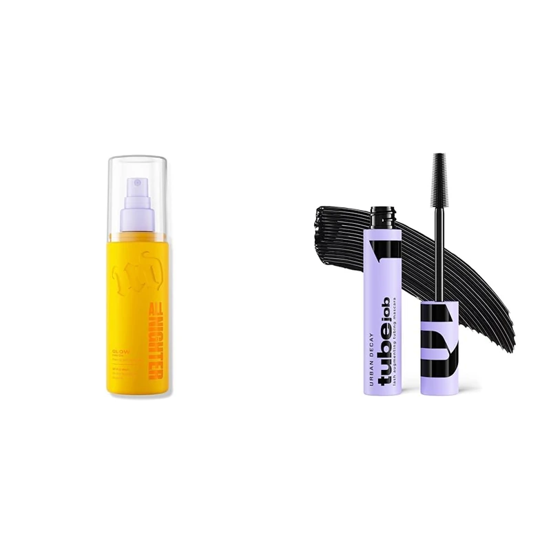 Urban Decay All Nighter Glow Setting Spray & Tube Job Tubing Mascara Bundle, Radiant Glow Makeup Setting Spray with Lengthening & Lifting Mascara, Intense Black, Smudge & Fade Resistant