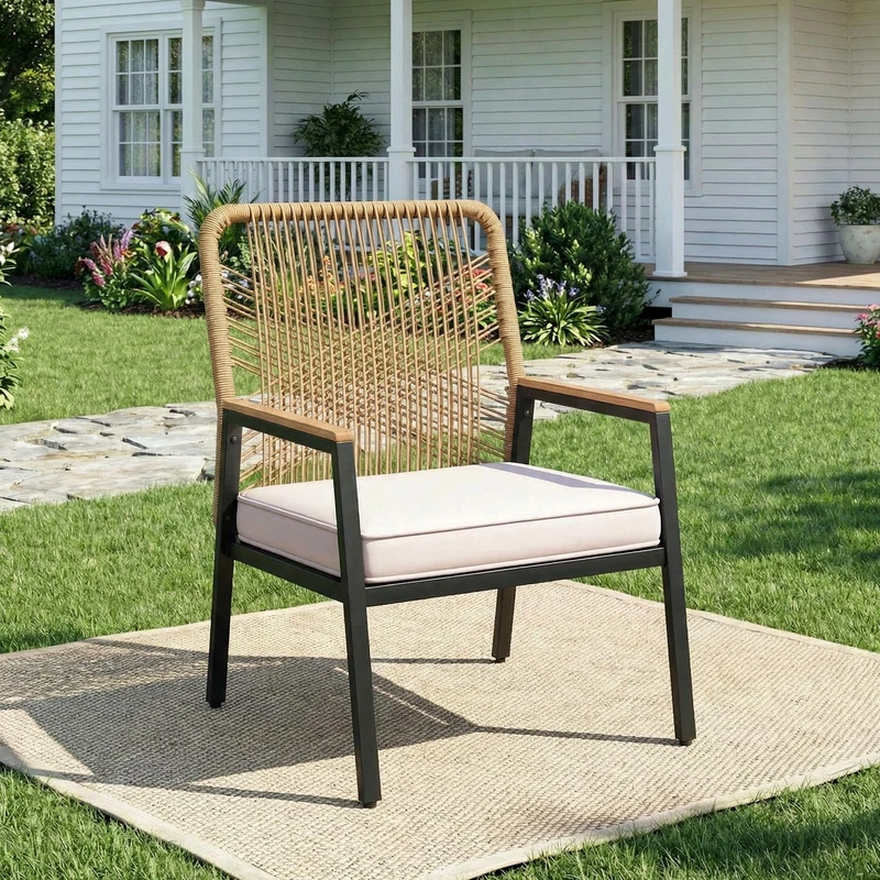 Clevich Rattan Garden Chair, Outdoor Armchair with 8cm Thick Cushion, Metal Frame and WPC Armrests, for Terrace, Garden and Porch - Image 1
