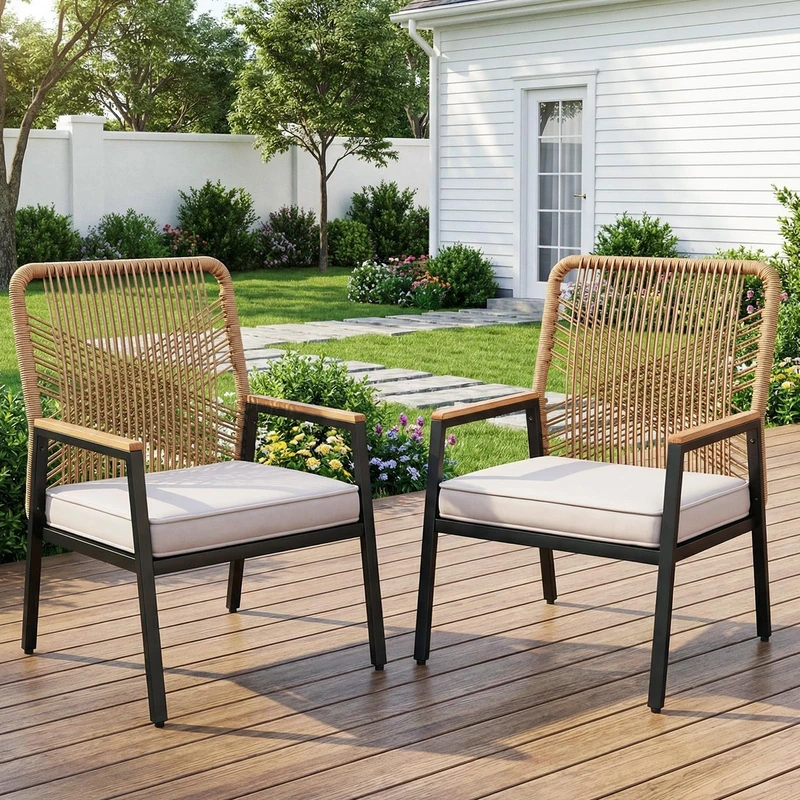 Clevich Set of 2 Rattan Garden Chairs, Rattan Metal Balcony Chairs with 8 cm Thick Cushion, Metal Frame and WPC Armrests, for Terrace, Garden and Porch (2, Beige)