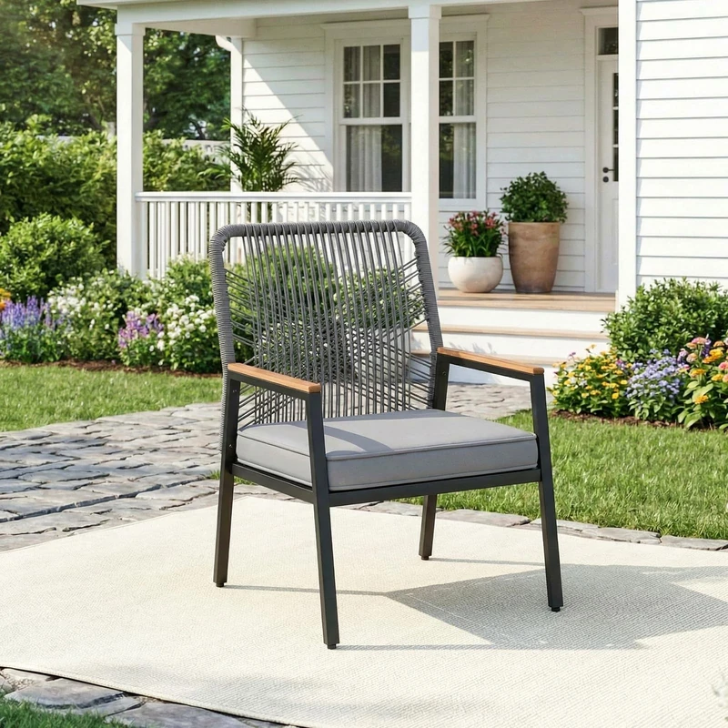 Clevich Rattan Garden Chair, Outdoor Armchair with 8cm Thick Cushion, Metal Frame and WPC Armrests, for Terrace, Garden and Porch - Image 1