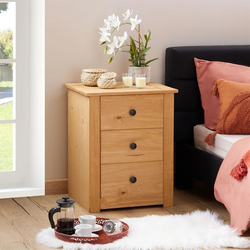 Mews Panama Bedside Table Country House 3 Drawer Cabinet Solid Pine Light Fiesta Wax