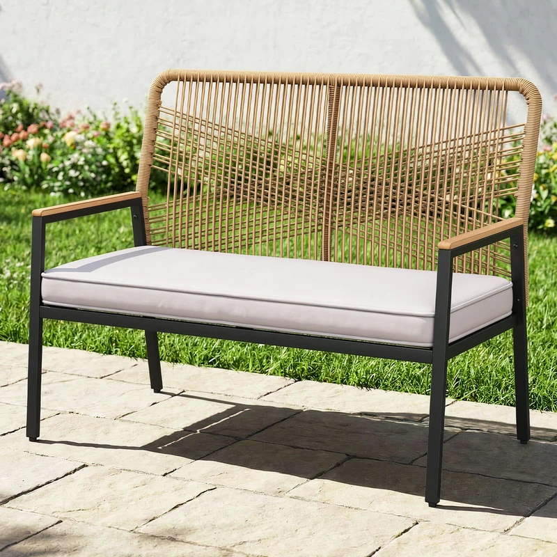 Clevich Wicker Garden Chair, Rattan Garden Bench, Balcony Chairs Metal and Rattan with 8 cm Thick Seat Cushion, Sturdy Metal Frame & WPC Arm Rest, for Patio, Garden and Porch, Beige - Image 1
