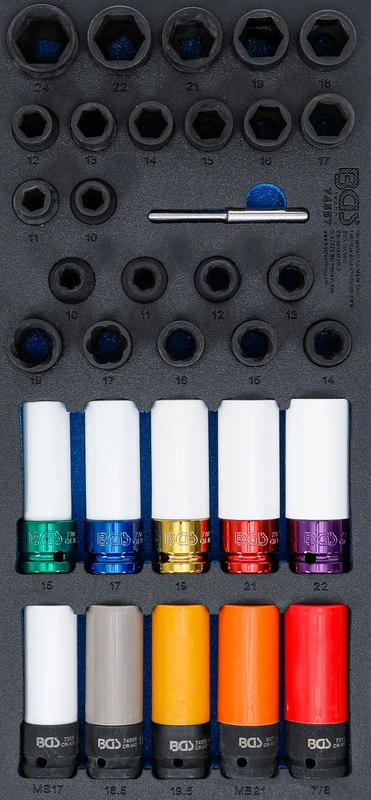 BGS 74557 | Workshop Trolley Insert 1/3: Power Socket Spanner/Special Wheel Bolt and Spiral Profile Screw Extractor Set | 12.5 mm (1/2 Inch) | 33 Pieces