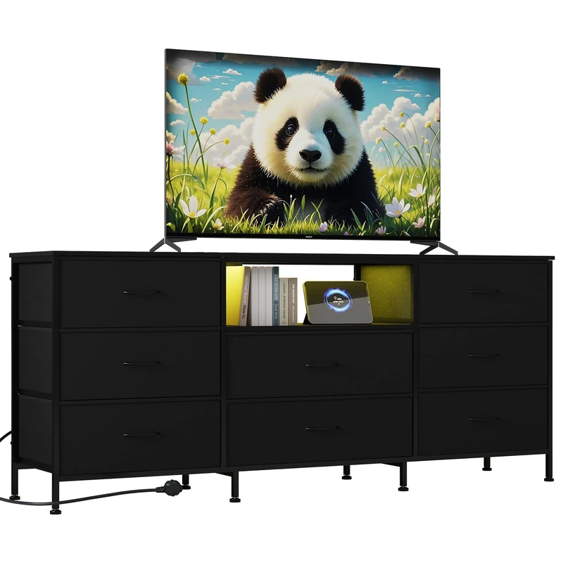 GarveeLife 63" TV Cabinet - Metal Frame TV Stand Dresser, 8 Drawers, LED Light, Modern Entertainment Storage Cabinet, for 65-75 Inch TV - Bedroom & Living Room, Black - Image 1