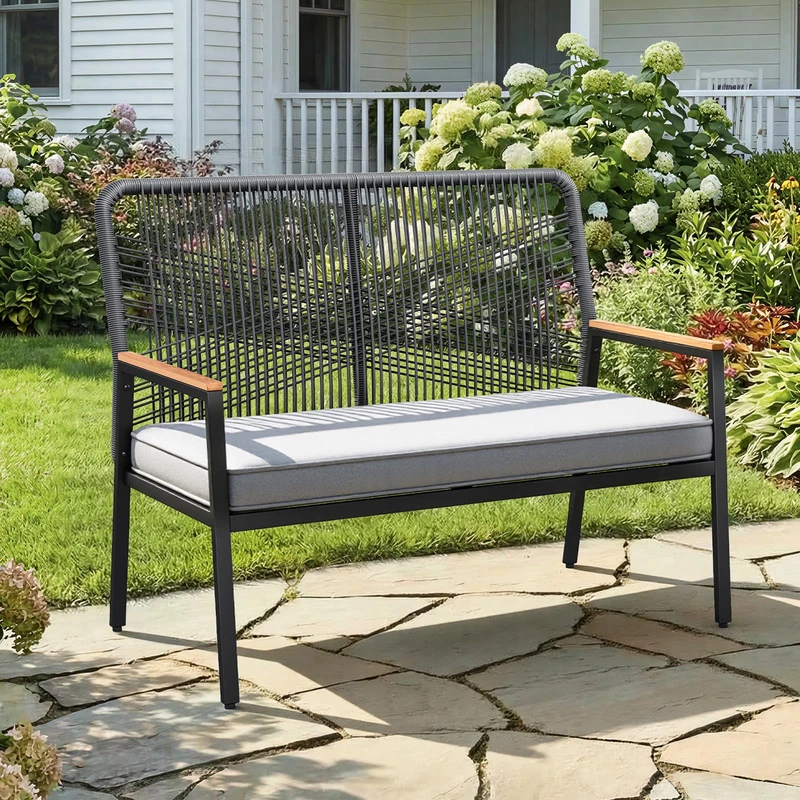 Clevich Wicker Garden Chair, Rattan Garden Bench, Balcony Chairs Metal and Rattan with 8 cm Thick Seat Cushion, Sturdy Metal Frame & WPC Arm Rest, for Patio, Garden and Porch, Grey - Image 1