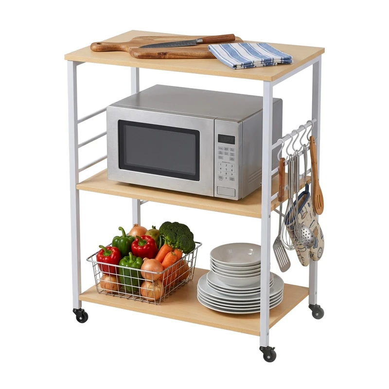 Relaxdays Kitchen Trolley, 3 shelves, 6 S-hooks, HxWxD: 89 x 60 x 40 cm, MDF & steel, serving trolley, natural/white