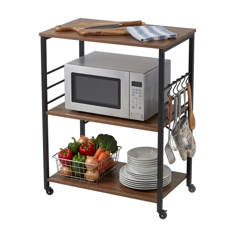 Relaxdays Kitchen Trolley, 3 shelves, 6 S-hooks, HxWxD 89x60x40 cm, MDF & steel, industrial serving trolley, brown/black
