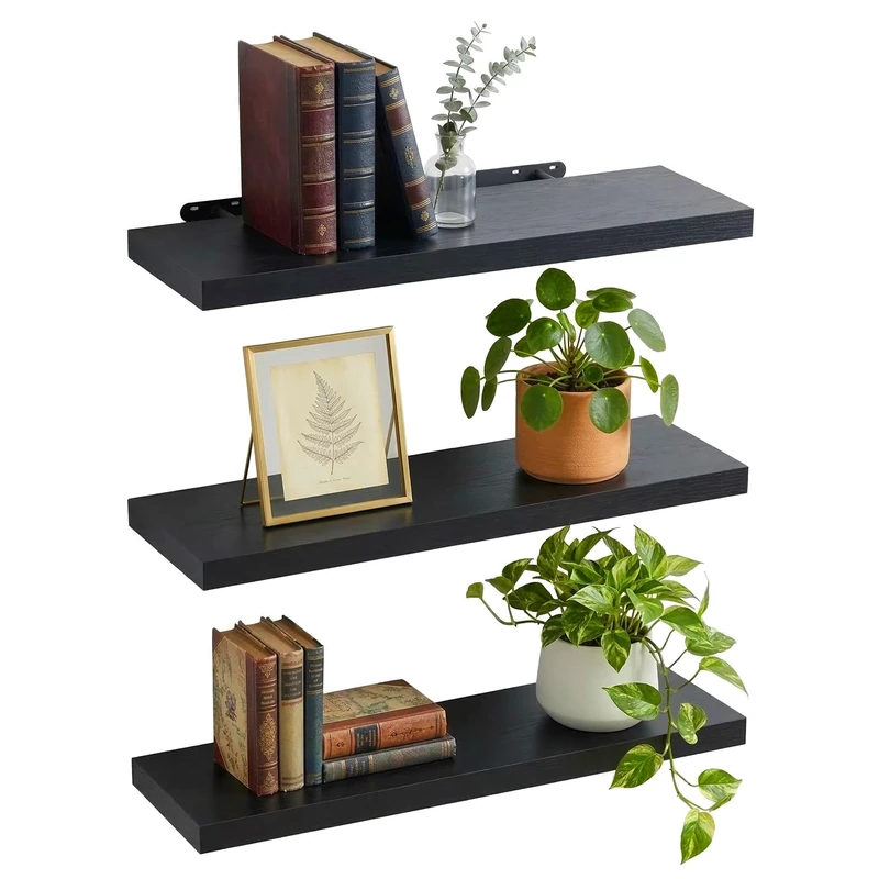 Relaxdays wall shelf, set of 3, HxBxT: 4 x 80 x 23 cm, wood-effect, metal, for living room, hallway, kitchen, black