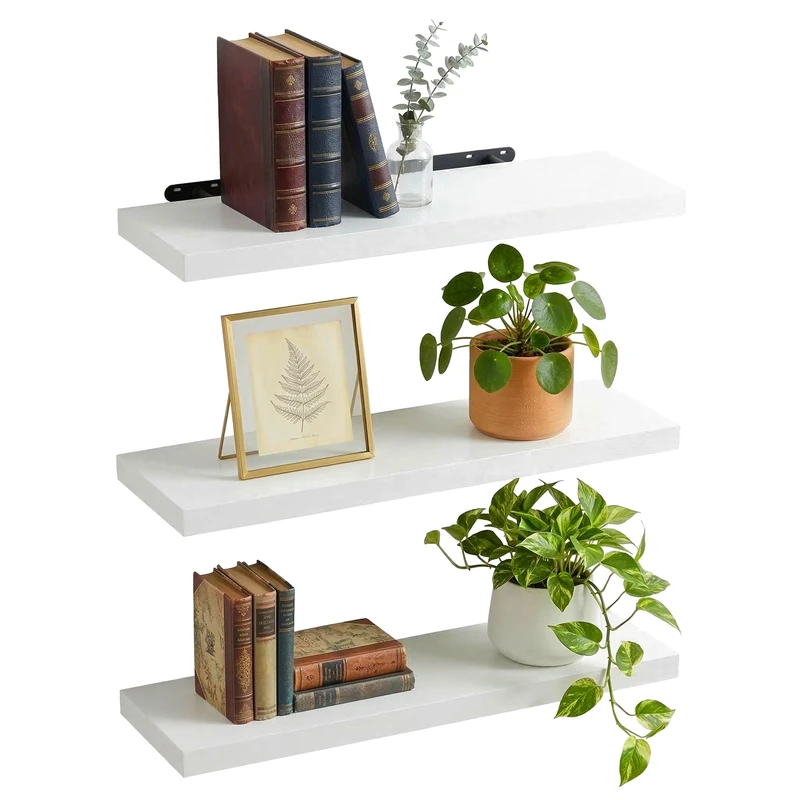 Relaxdays wall shelf set of 3, wood-effect MDF & metal, for living room, hallway, kitchen, choice of sizes and colours