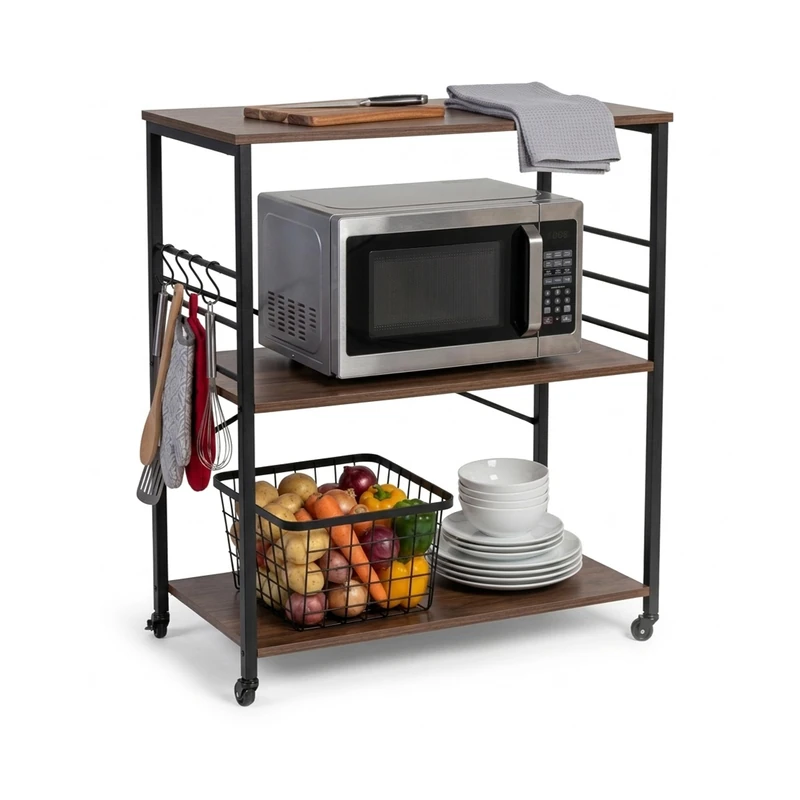 Relaxdays Kitchen Trolley, 3 shelves, 6 S-hooks, HxWxD 89x80x40 cm, MDF & steel, industrial, brown/black