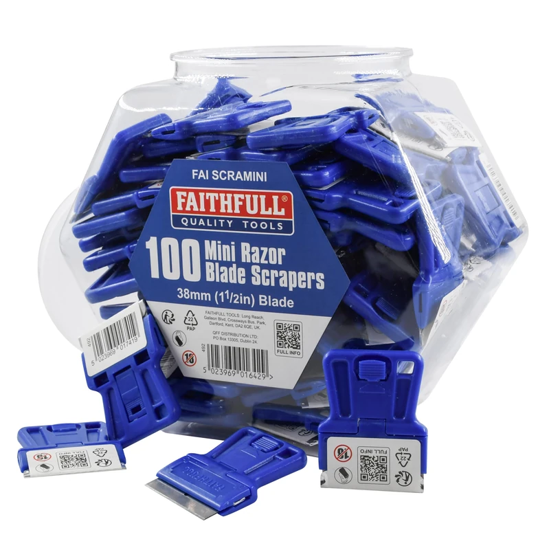 Faithfull Mini Scrapers – Pack of 100 Razor Blade ABS Scrapers with Carbon Steel Blade in Reuseable Plastic Jar for Paint, Adhesive & Residue Removal from Glass, Hobs, Tiles & Mirrors
