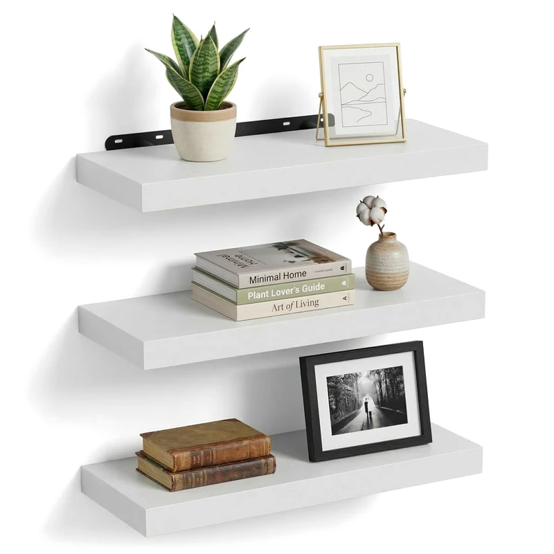Relaxdays wall shelf, set of 3, HxWxD: 4 x 50 x 23 cm, wood-effect, metal, for living room, hallway, kitchen, white
