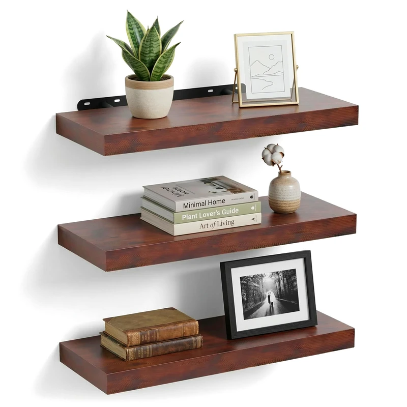 Relaxdays wall shelf set of 3, wood-effect MDF & metal, for living room, hallway, kitchen, choice of sizes and colours