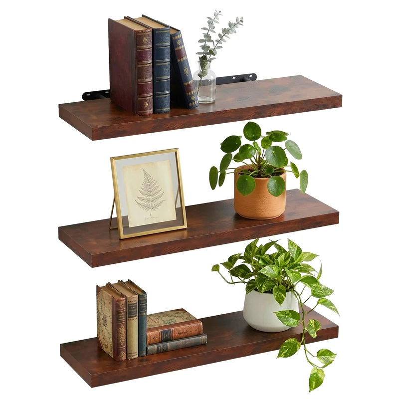 Relaxdays wall shelves, set of 3, HWD: 4 x 80 x 23 cm, wood-effect & metal, living room, hallway, kitchen, brown/black