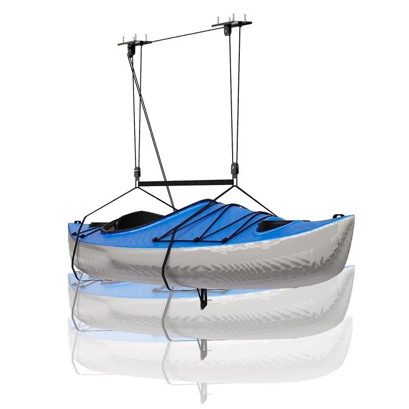 Kayak Storage Hoist Cargo Box Garage Pulley System, Heavy Duty Ceiling Hoist for Roof Box Storage, Holds Up to 200 Lbs / 90 kg, Adjustable Straps, Dual Fixing Design, Overhead Garage Organiser