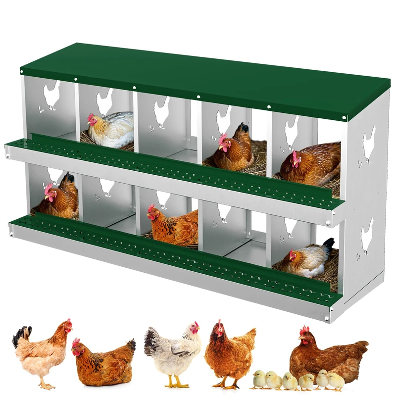Chicken Laying Nest Made of Galvanised Steel with Egg Rolling Tray - 10 Compartments, Rustproof & Ventilated, Nest Box for Chickens, Hens & Ducks, Easy to Clean, Chicken Coop Accessories, Green