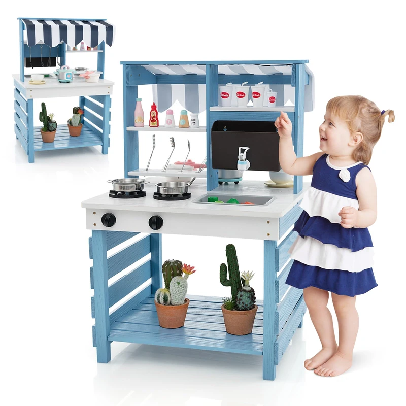 GYMAX Kids Mud Kitchen, Outdoor Double-Sided Toy Kitchen with Stoves, Removable Sink, Faucet, Storage Shelves & Cookware Accessories, Wooden Play Kitchen for 3+ Years Old Boys Girls (Blue)