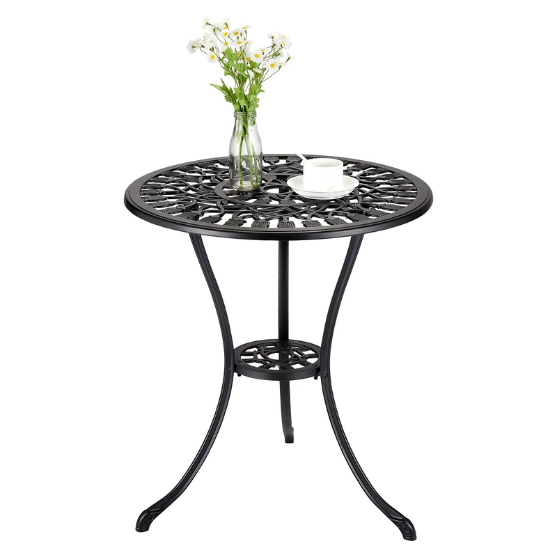 Garvee Outdoor Table in Die-Cast Aluminium – Weather Resistant, Round Bistro Design, Umbrella Hole, Antique Floral Pattern, Ideal for Patio Porch, Garden, Pool, Balcony - Image 1