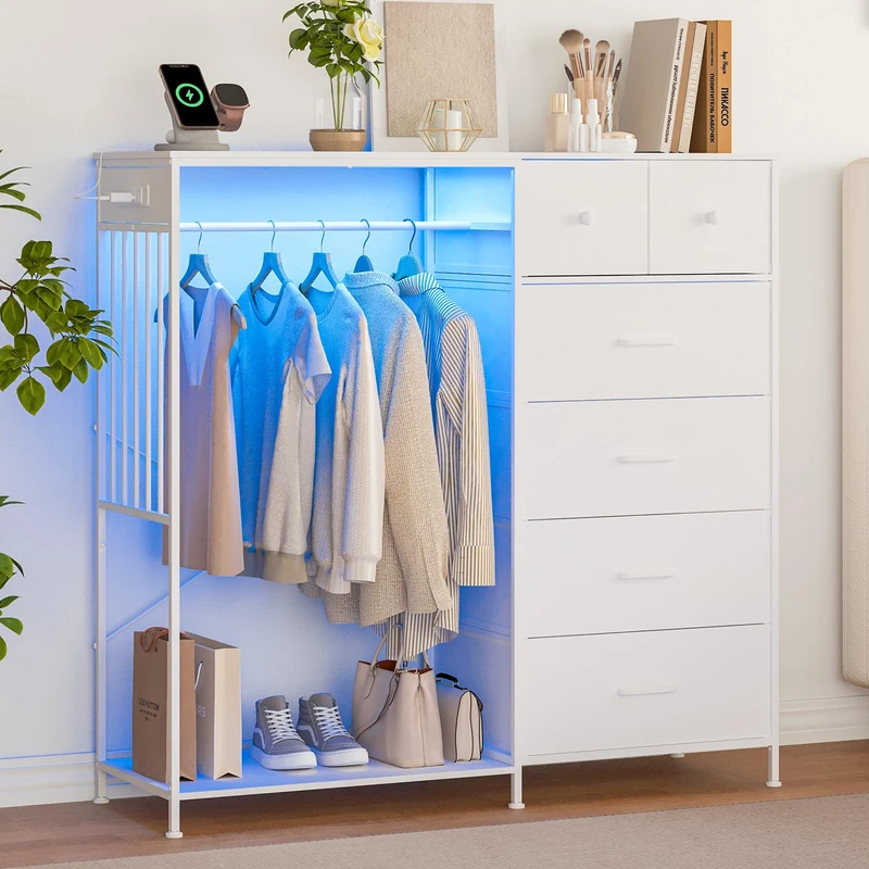 GarveeLife 49.2" w Drawer Cabinet with Hanging Rod - Metal Frame Drawer Cabinet, 6 Drawer Storage Cabinet, Led Lights & Charging Station, Non-Woven Fabric, Space-Saving Storage, White