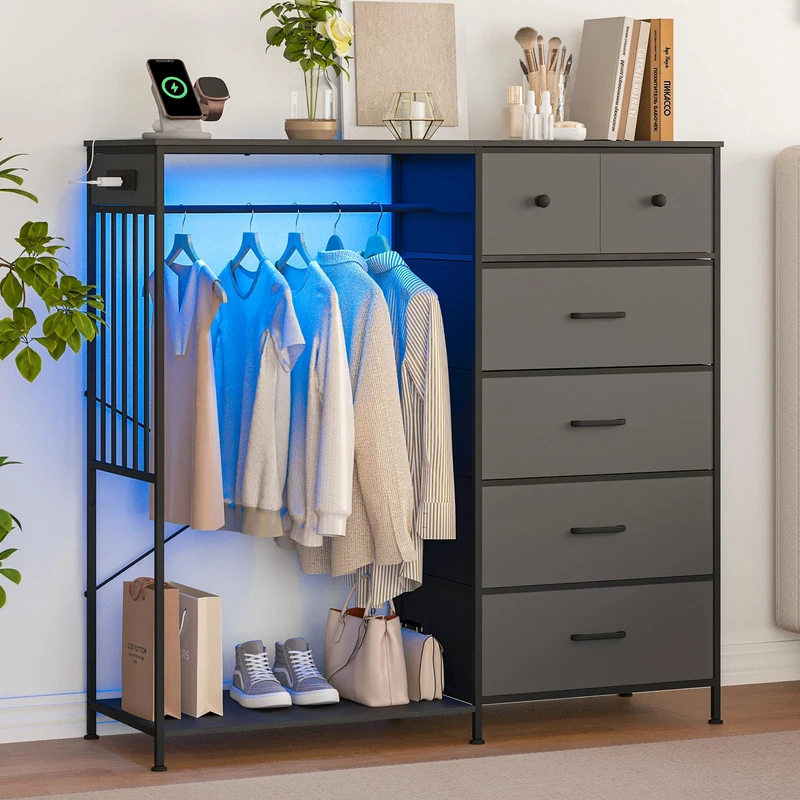 GarveeLife 49.2" w Drawer Cabinet with Hanging Rod - Metal Frame Drawer Cabinet, 6 Drawer Storage Cabinet, Led Lights & Charging Station, Non-Woven Fabric, Space-Saving Storage, Black